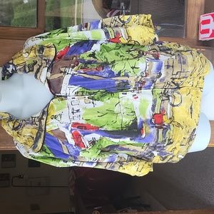 Michael Leu Womens Sz 1XJacket Full Zip Sweatshirt Impressionist Art 3/4 Sleeve